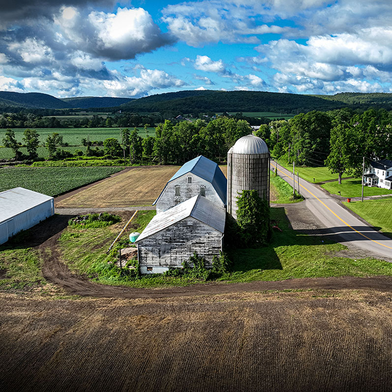 Drone photograph of a beautiful barn in the Finger Lakes Region. Thirsty Fish.
